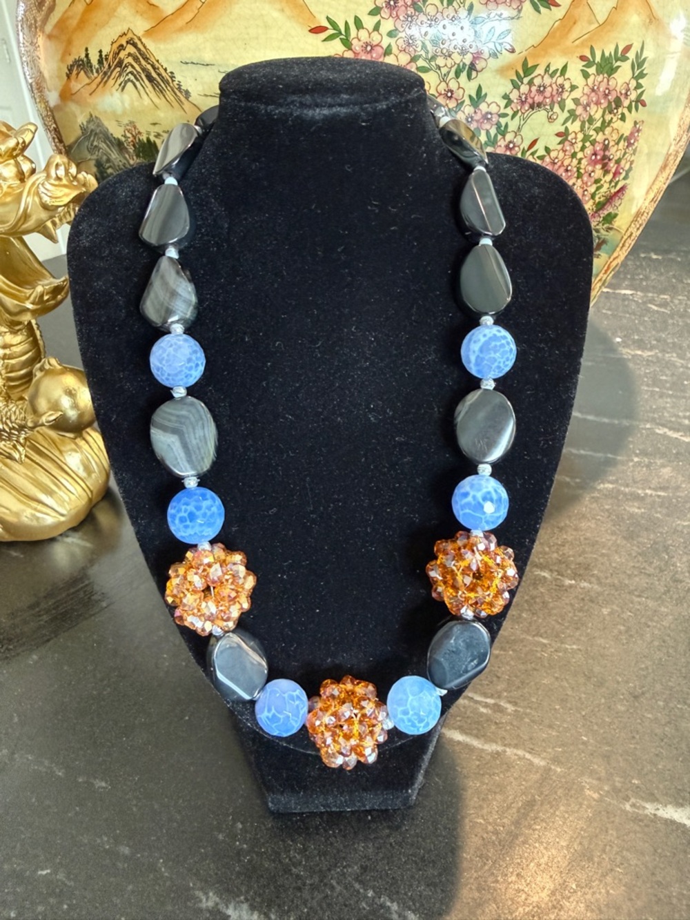 Artisan Made Dyed Agate, Blue Crackle Glass and Amber Crystal Necklace